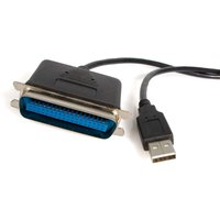 Black StarTech.com 10 ft USB to Parallel Printer Adapter with blue parallel connector and USB plug.