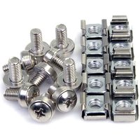Silver M6 mounting screws and cage nuts set for server rack cabinet, featuring crosshead screws and square nuts.