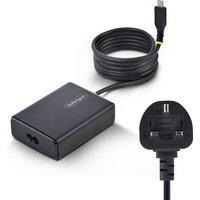 Black StarTech.com 100W USB-C laptop charger with 1.5m coiled tethered cable and UK plug.