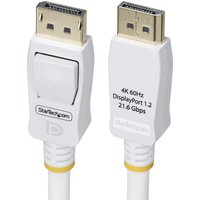White StarTech.com 10ft DisplayPort 1.2 cable, VESA certified, 4K 60Hz, 21.6 Gbps, with gold-plated connectors.