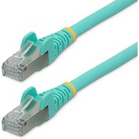 Aqua StarTech.com 10m CAT6a Ethernet cable, low smoke zero halogen, with clear RJ45 connectors and yellow accents.