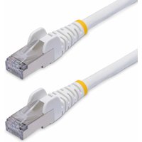 White StarTech.com 10m CAT8 Ethernet cable with snagless RJ45 connectors and yellow accents, supports 25G/40G speeds.