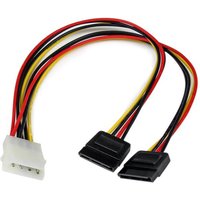 Black and red StarTech.com 12in LP4 to dual SATA power Y cable adapter with white LP4 connector and two black SATA ends.