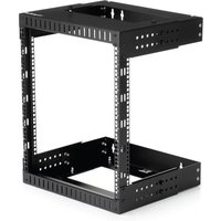 Black StarTech.com 12U wall mount network rack, adjustable depth, open frame with perforated sides and top.