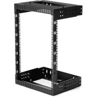 Black StarTech.com 15U wall mount network rack, adjustable depth, open frame design with perforated sides.