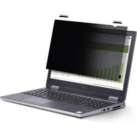 16-inch black privacy screen for laptops, flip-up design, anti-glare, touch-compatible, attached to a silver laptop.