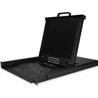 Black StarTech 16-port rackmount KVM console with integrated keyboard, touchpad, and foldable LCD screen.