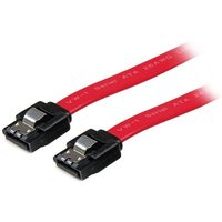 Red StarTech.com 18in latching SATA cable with black connectors and metal latches on both ends.