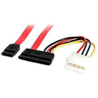 Red and black StarTech.com 18in SATA data and power combo cable with white 4-pin Molex connector.