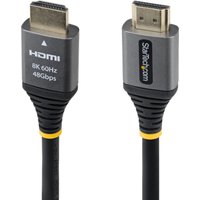 Black StarTech.com 1ft HDMI cable with silver connectors, labeled 8K 60Hz, 48Gbps, and yellow accents.