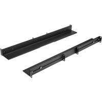Black StarTech.com 1U server rack rails, adjustable 24-36 inch depth, with mounting brackets and sleek metal finish.