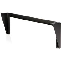 Black steel vertical wall mount rack bracket with L-shaped design and mounting holes for 19-inch equipment.