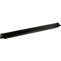 Black 1U rack blank panel for 19-inch server racks, rectangular with mounting holes on each end.