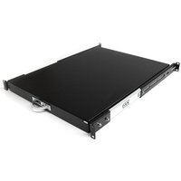 Black StarTech.com 1U sliding server rack mount keyboard shelf tray with metal handles and a sleek, flat design.