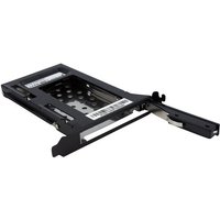 Black StarTech.com 2.5in SATA removable hard drive bay with metal frame and open slot for PC expansion.
