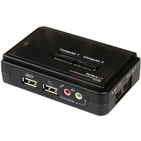 Black StarTech.com 2 Port USB KVM Switch with audio ports, two USB ports, and labeled buttons for computer selection.