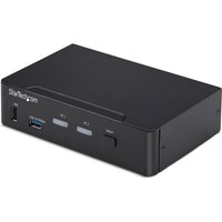 Black StarTech.com 2-Port DisplayPort KVM Switch with USB 3.0 hub, labeled buttons, and multiple ports on the front.
