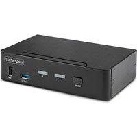 Black StarTech.com 2-Port DisplayPort KVM Switch with metal housing, USB ports, push-button, and LED indicators.