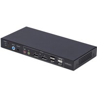 Black StarTech.com KVM switch with dual DisplayPort, 4 USB ports, audio jacks, and ventilation on the side.