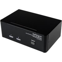 Black rectangular StarTech KVM switch with two numbered buttons, labeled ports, and StarTech.com branding.