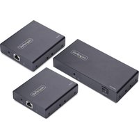 Black StarTech.com 2-Port HDMI Extender and Splitter, rectangular design, labeled ports, supports 4K 60Hz over CAT6.