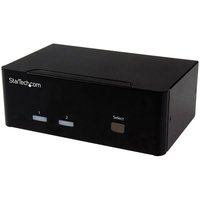 Black StarTech.com 2-port KVM switch with dual VGA, USB 2.0 ports, and front panel buttons for selection.