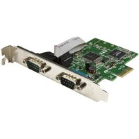 PCI Express serial card with green circuit board, two RS232 ports, and metal bracket by StarTech.com.