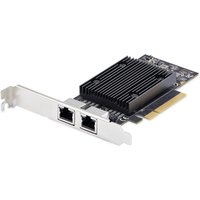 Black StarTech 2-Port PCIe 10Gb Ethernet Network Card with dual RJ45 ports and silver bracket.