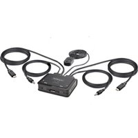 Black StarTech 2-Port USB-C KVM Switch with integrated cables, DisplayPort output, and remote push-button.