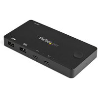 Black StarTech.com 2 Port USB C KVM Switch with HDMI ports, USB C connections, and compact rectangular design.