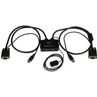 Black StarTech 2 Port USB VGA KVM Switch with attached cables and remote switch, compact design.