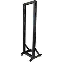 Black StarTech.com 2-Post 42U mobile open frame server rack with wheels and adjustable mounting rails