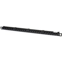 Black 24-port 0.5U Cat5e patch panel with RJ45 Ethernet connectors, rackmount design by StarTech.com