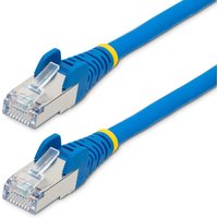 Blue StarTech.com 2m CAT6a Ethernet cable with metal connectors and yellow strain relief, low smoke zero halogen.