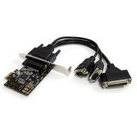 StarTech PCI Express card with black circuit board, two serial ports, one parallel port, and attached breakout cables.
