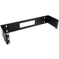 Black 2U 19-inch hinged wall mount bracket with rectangular cutout and multiple mounting holes for patch panels.