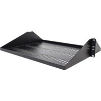 Black StarTech.com 2U server rack shelf with vented design and center mounting brackets.