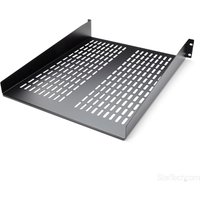 Black StarTech.com 2U server rack shelf with vented design and cantilever mount, featuring a durable metal construction.