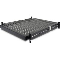 Black StarTech 2U sliding server rack mount shelf, perforated surface, adjustable from 20 to 30 inches.