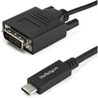 Black StarTech.com USB-C to DVI cable, 3.3 ft length, with USB-C connector and DVI plug, supports 1920 x 1200 resolution.
