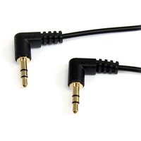 Black 3 ft StarTech.com slim 3.5mm right angle stereo audio cable with gold-plated connectors.