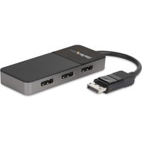 Black and gray StarTech 3 Port Multi Monitor Adapter with DisplayPort connector and three HDMI ports.