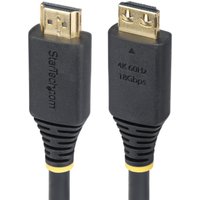 Black StarTech.com HDMI cable with gripping connectors, gold-plated ends, and yellow accents, 3m length.