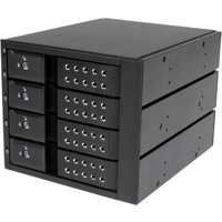 Black aluminum 4-bay trayless hot swap mobile rack with vented front panels and side mounting holes.