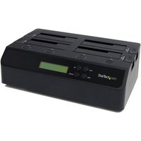 Black StarTech.com 4 Bay USB 3.0 eSATA to SATA duplicator dock with LCD screen and control buttons.