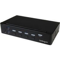 Black StarTech.com 4-Port DisplayPort KVM Switch with USB 3.0 ports and buttons, supports 4K 30Hz.