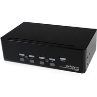 Black StarTech 4 Port Dual DVI USB KVM Switch with audio, featuring front panel buttons and StarTech.com logo.