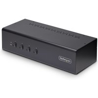 Black StarTech.com 4-port KVM switch with dual-monitor support, USB ports, and push-button controls on the front.