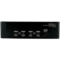 Black StarTech 4 Port KVM Switch with USB hub, labeled buttons for switching, sleek rectangular design.