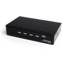 Black StarTech.com 4-port HDMI splitter with signal amplifier, rectangular design, and front-facing ports.